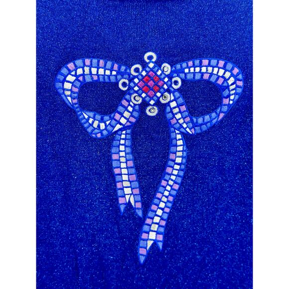 Bob Mackie Size Large Sweater Embroidered Bow Metallic Sparkle Art To Wear Blue - Picture 7 of 9